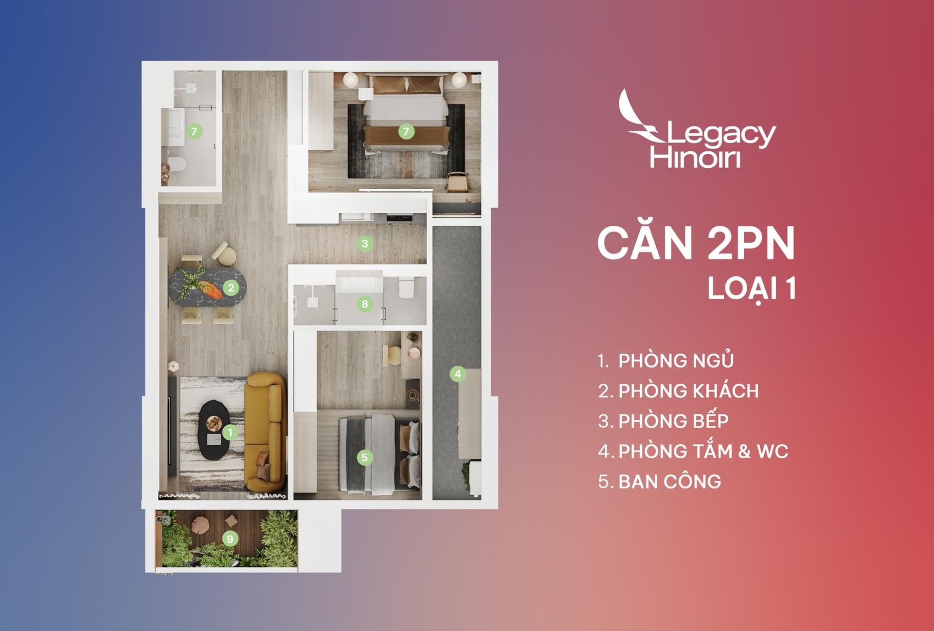 căn hộ 2 phòng ngủ legacy hinoiri loại 1